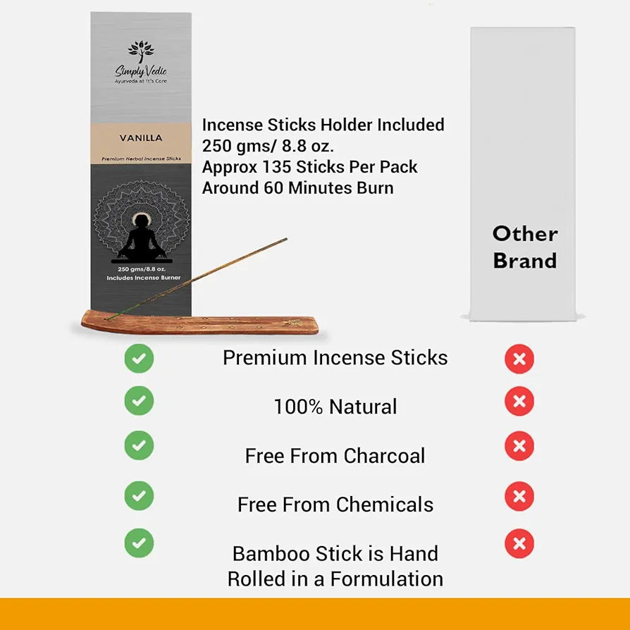 Simply Vedic Vanilla Incense Sticks – 250g Pack  | Charcoal-Free | Natural Essential Oils for Meditation, Sleep, Mood, Yoga & Aromatherapy Use